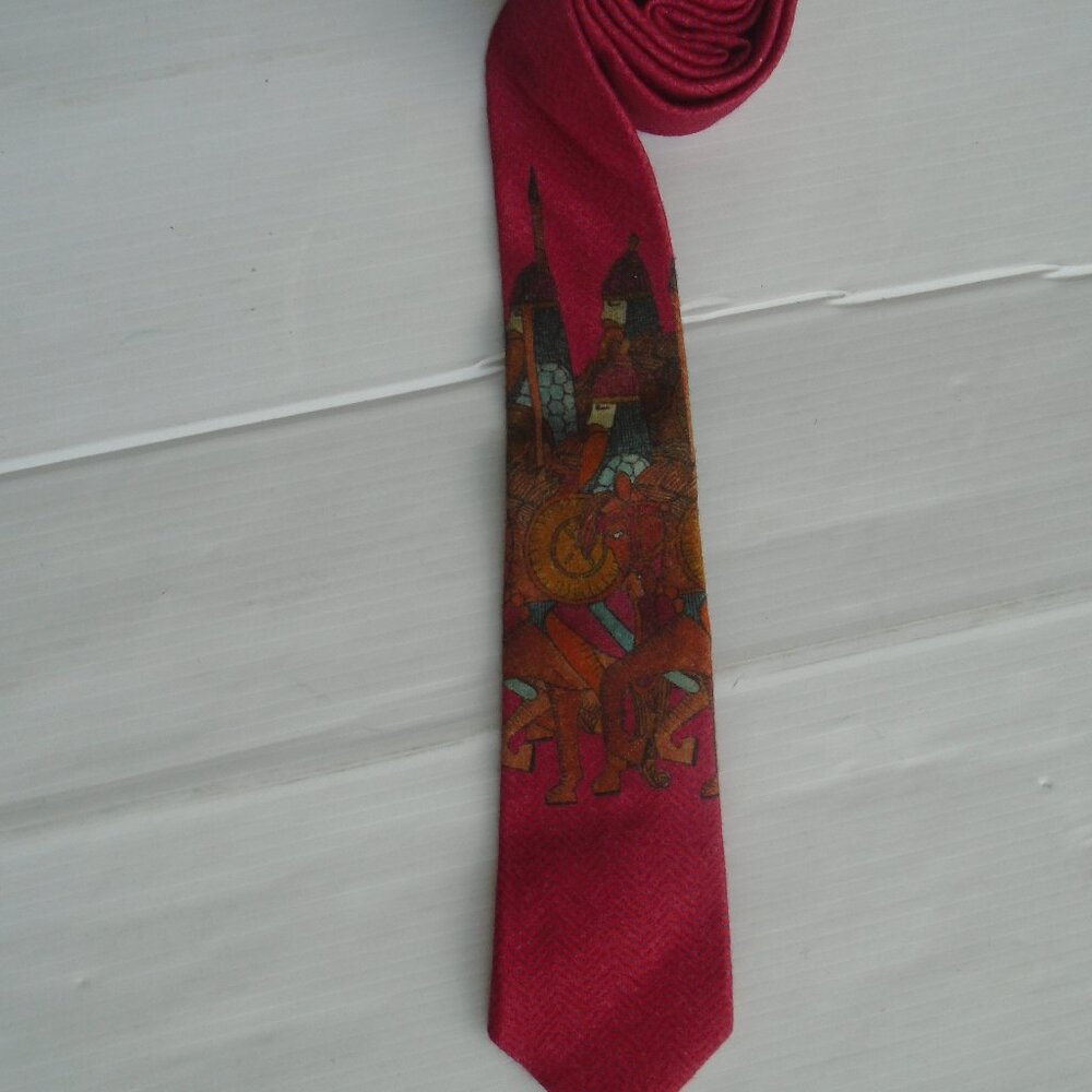 Roi du Lac Roma Mens Italian Made Cotton Necktie w/ Mongol Army Graphic Red